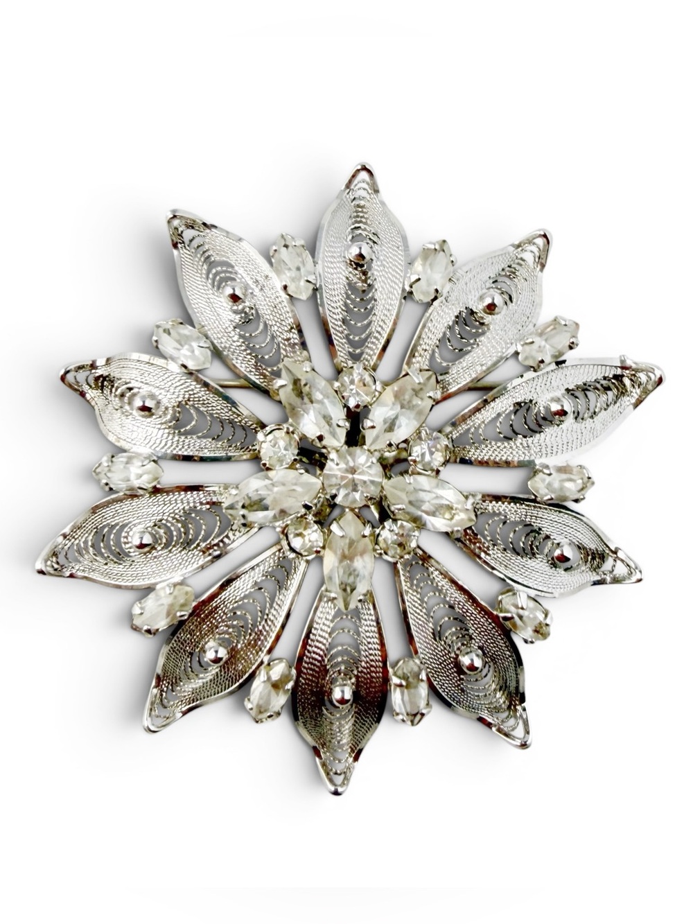 Vintage Am Lee Sterling Silver Filigree Clear Rhinestone Flower Star Brooch Pin